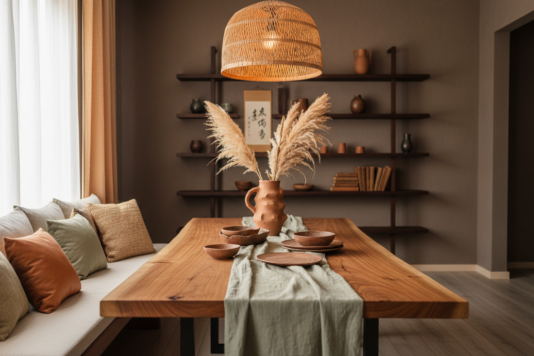Evolved Japandi dining room with warm suar wood table, sage linen runner, terracotta ceramics and rattan pendant light