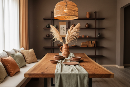 Evolved Japandi dining room with warm suar wood table, sage linen runner, terracotta ceramics and rattan pendant light