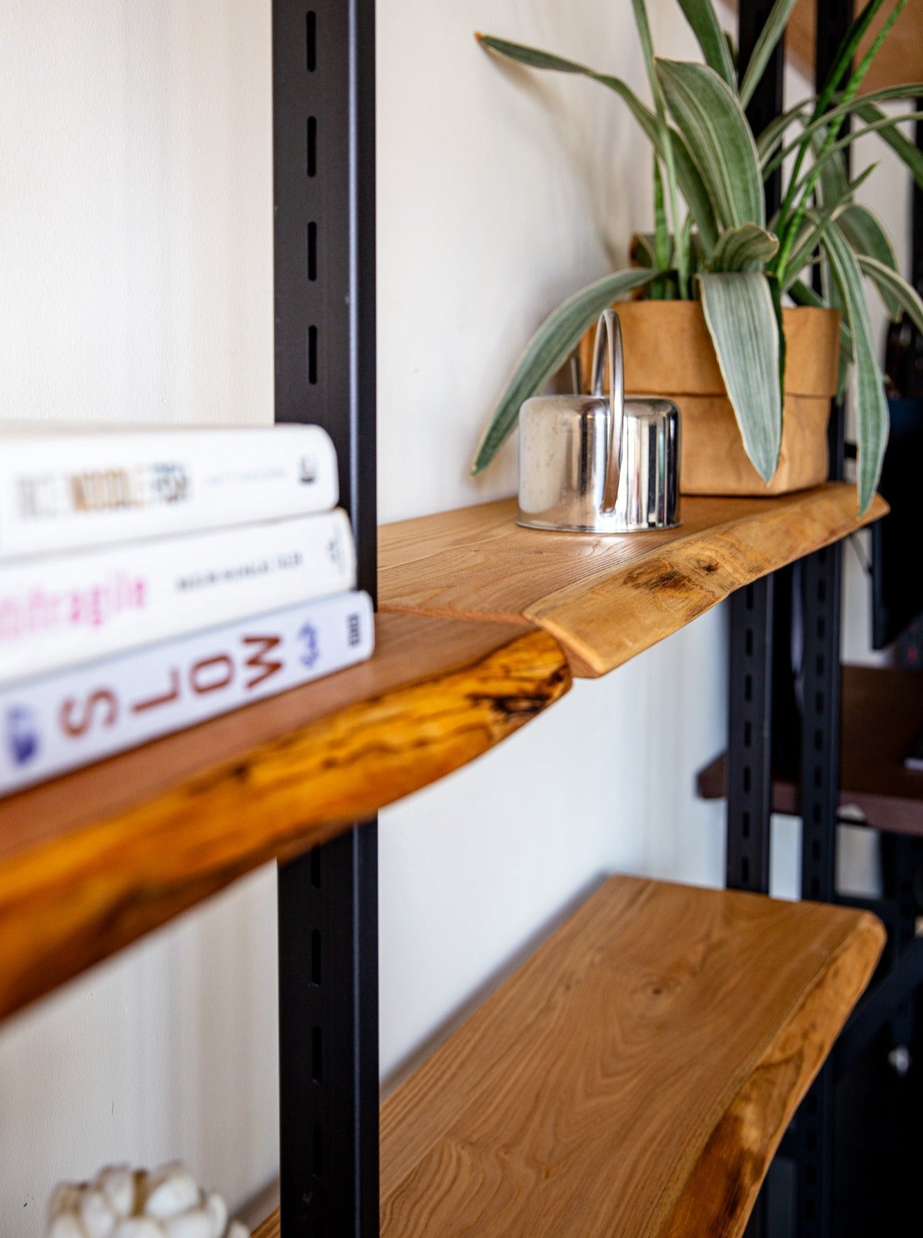 The Adjustable Atlas Shelf System in Closeup Chestnut Wood by The Table Guy